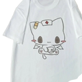 White cotton t-shirt with a cartoon nurse cat print featuring a red cross hat and medical kit in Y2k Harajuku style