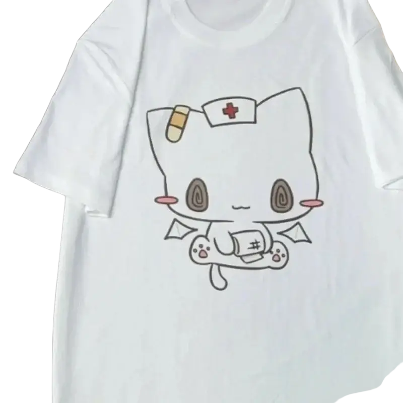 White cotton t-shirt with a cartoon nurse cat print featuring a red cross hat and medical kit in Y2k Harajuku style