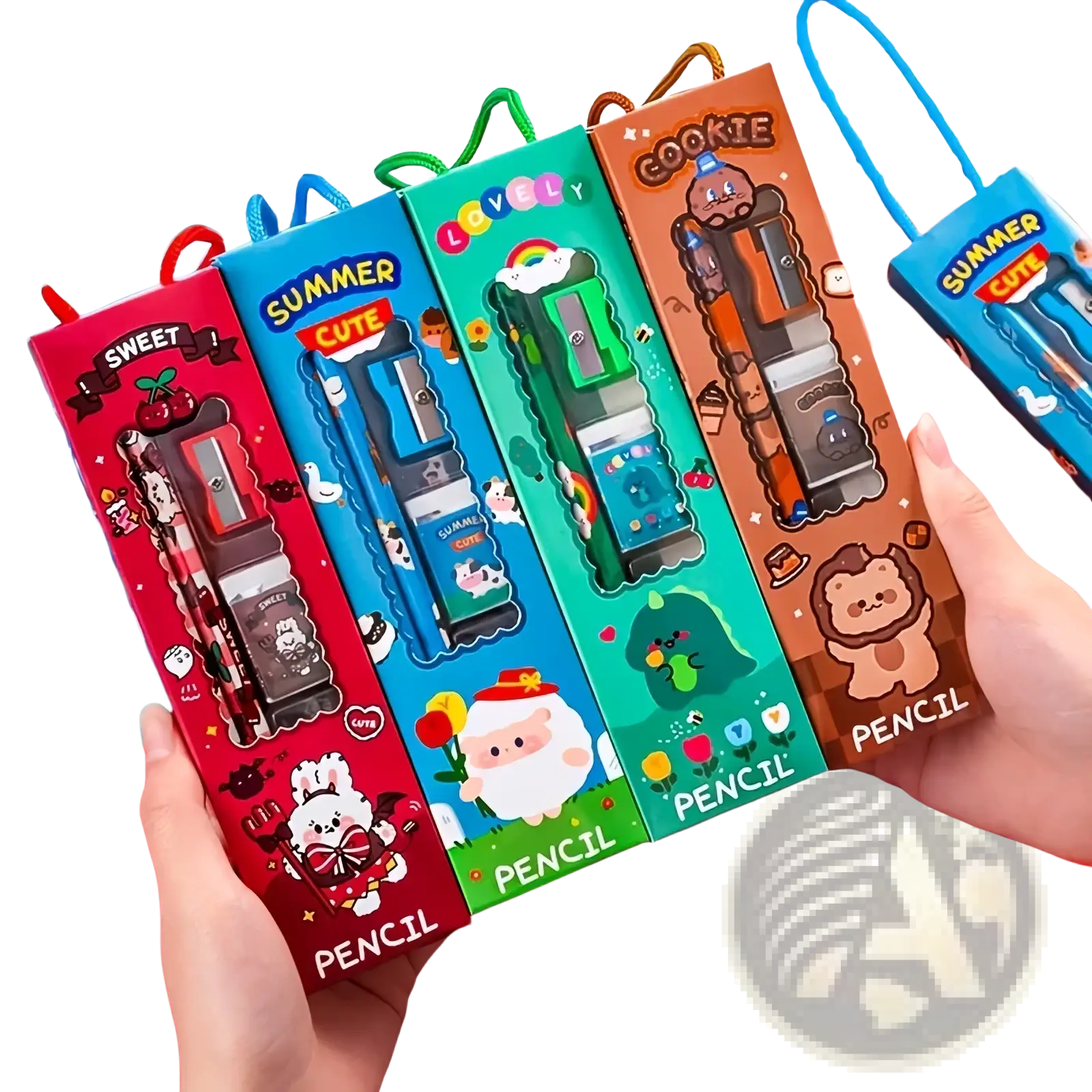 Cute colorful cartoon pencil sharpeners with attached pencils in red blue green and brown packaging from a stationery set