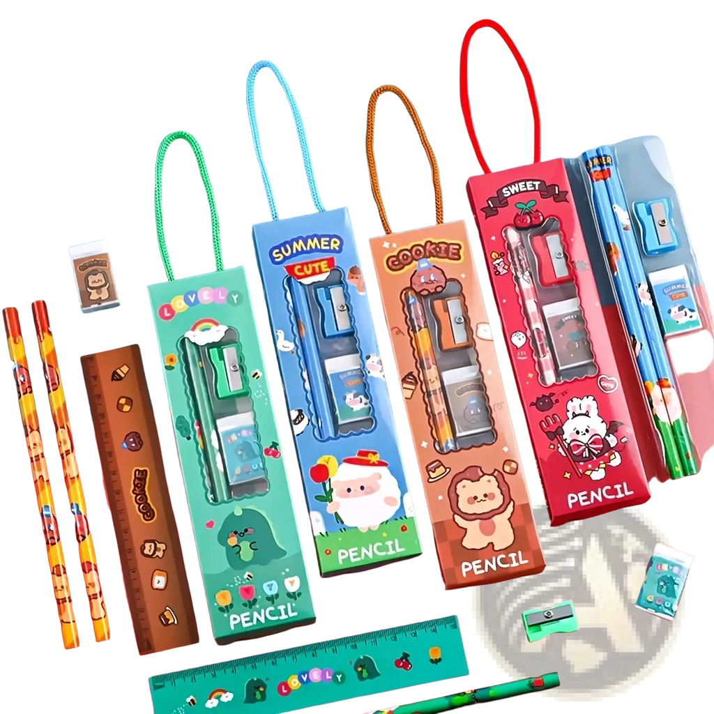 Cartoon pencil case and stationery set featuring cute vibrant pencil cases with matching pencils and sharpeners inside