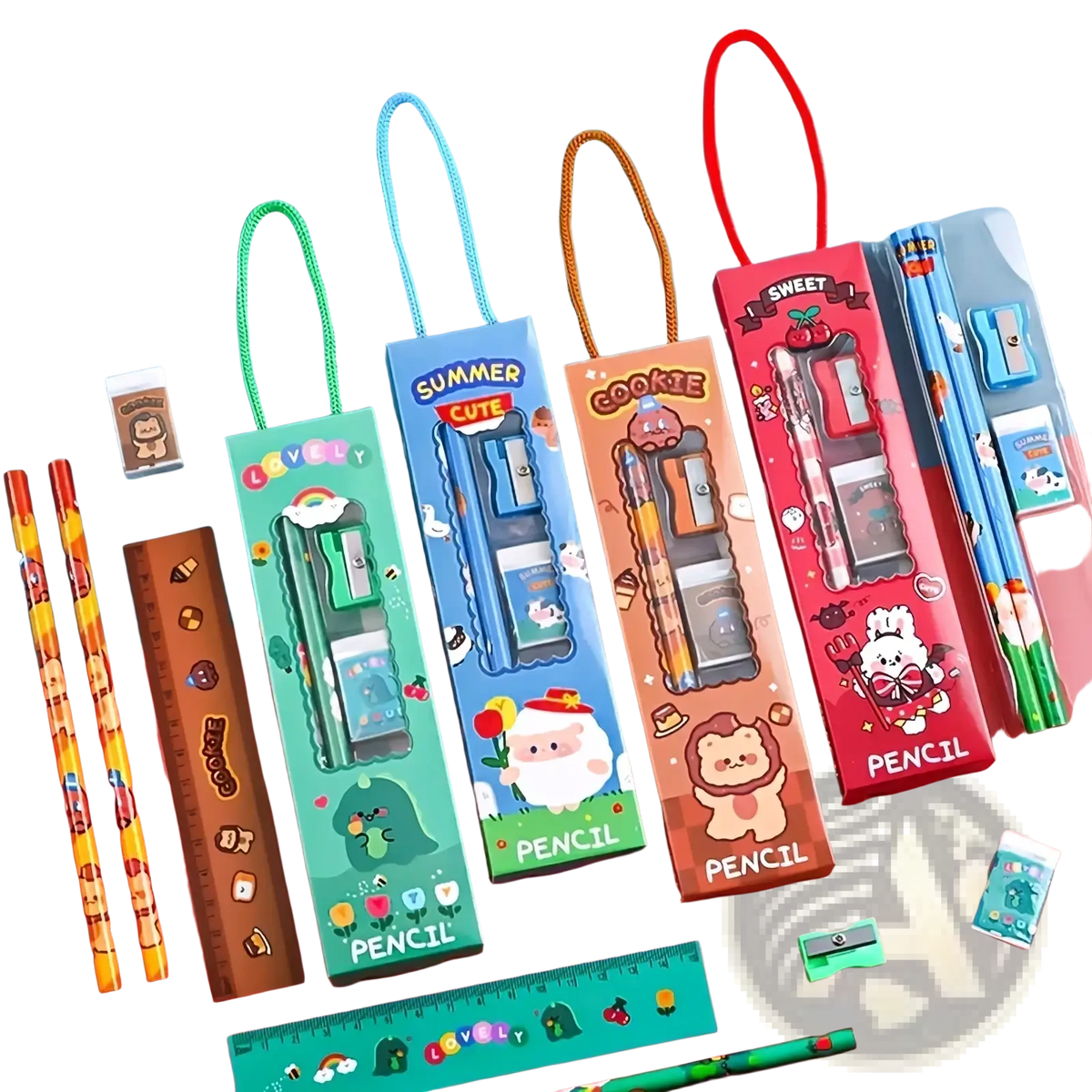 Cartoon pencil case and stationery set featuring cute vibrant pencil cases with matching pencils and sharpeners inside