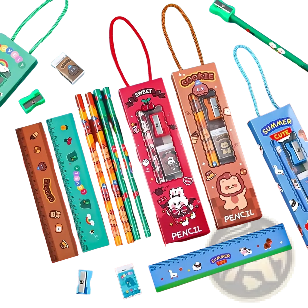 Cartoon pencil case with a red handle featuring colorful character designs for stationery storage and organization
