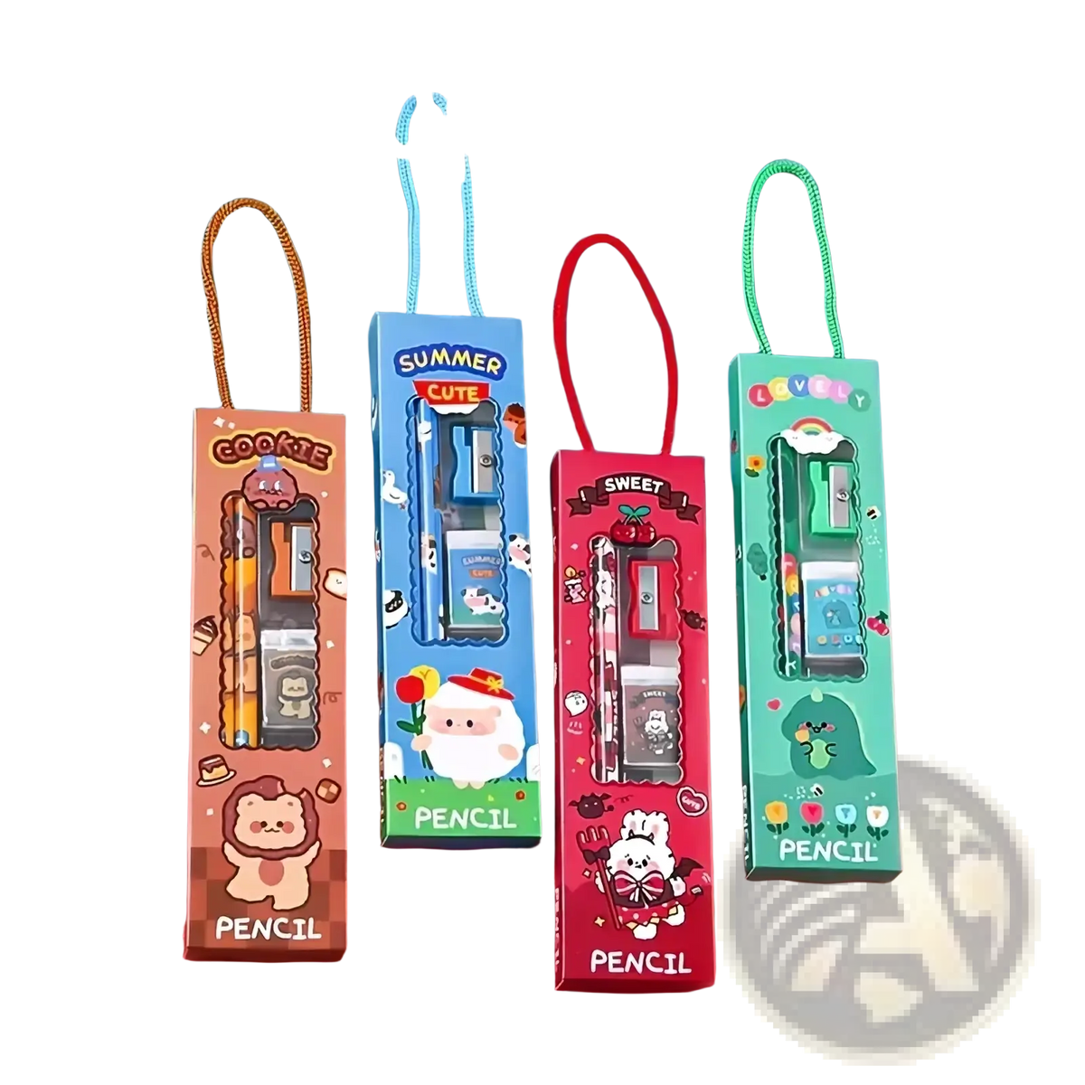 Cartoon pencil case and stationery set with cute colorful packaging containing pencil and sharpener