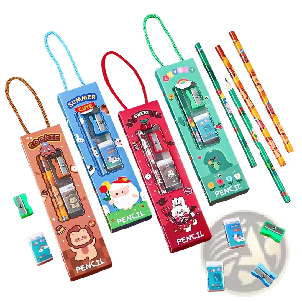 Cute cartoon-themed pencil sharpeners in colorful packaging with character designs and carrying loops in stationery set