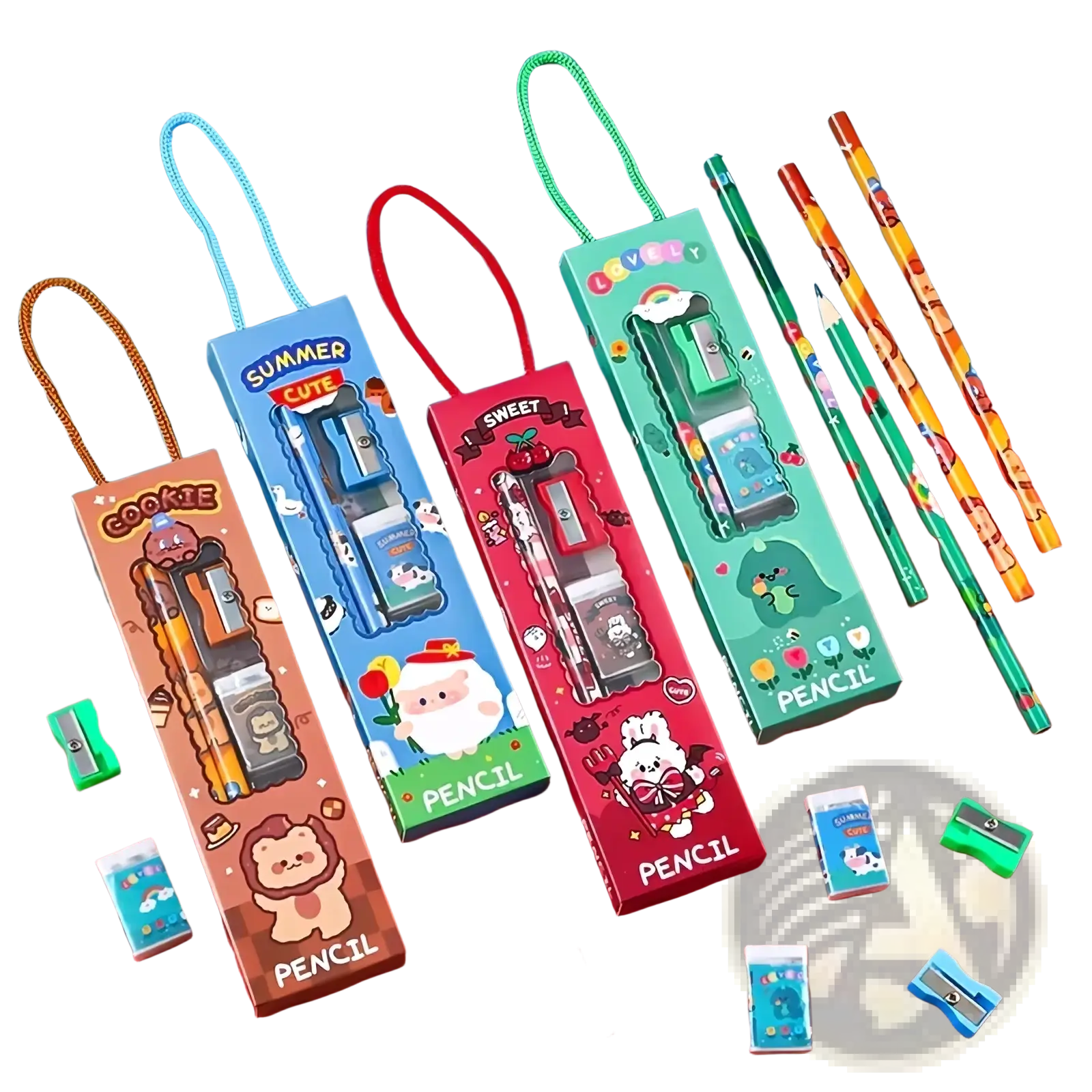 Cute cartoon-themed pencil sharpeners in colorful packaging with character designs and carrying loops in stationery set
