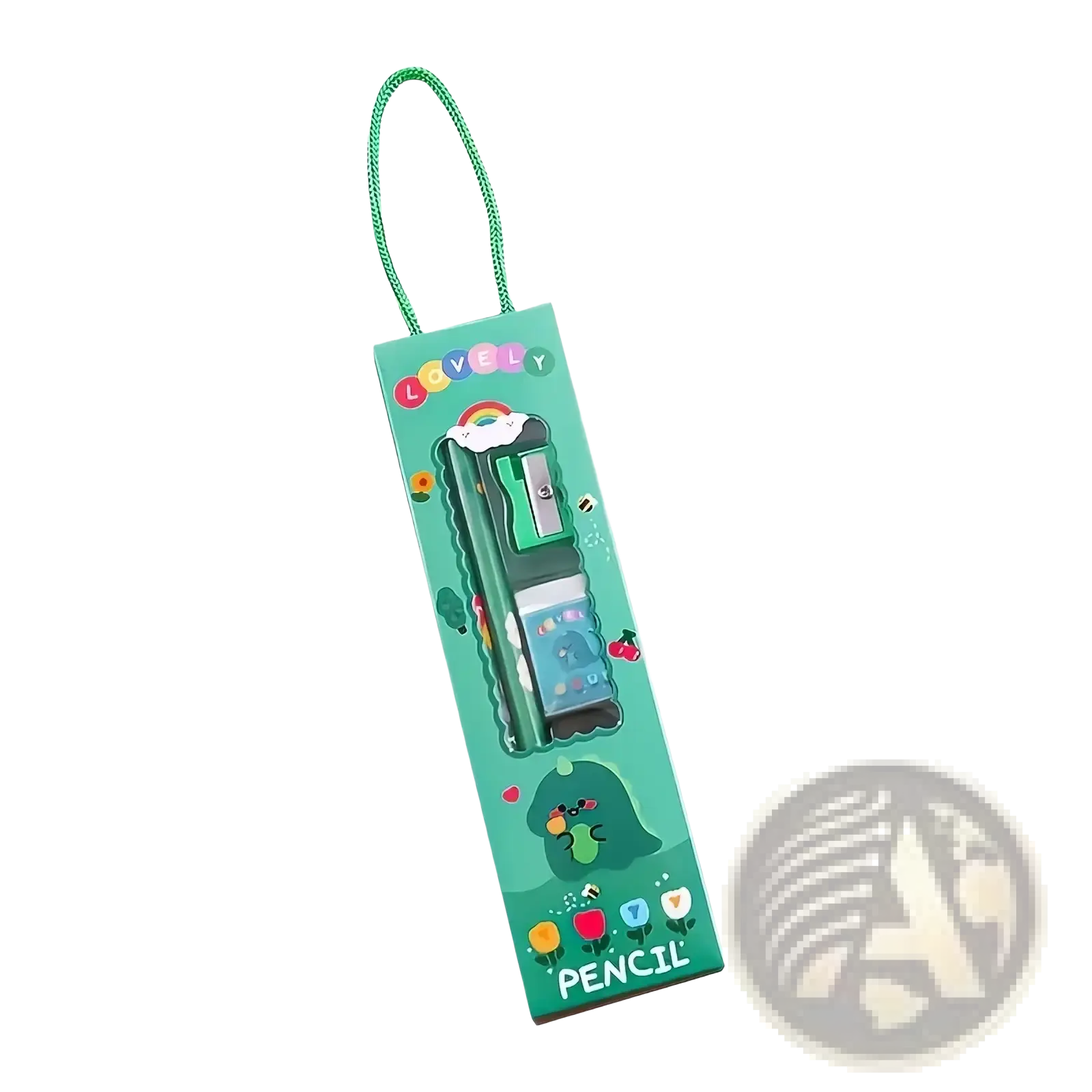 Green cartoon pencil case with built-in sharpener and braided handle for stationery organization and storage