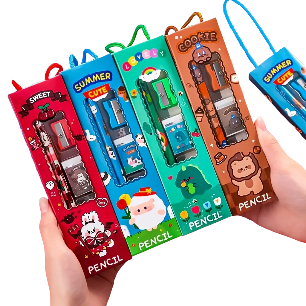 Cute colorful cartoon pencil sharpeners with attached pencils in red blue green and brown packaging from a stationery set