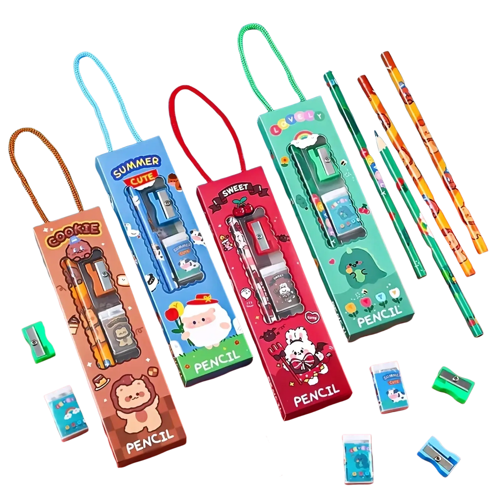 Cute cartoon-themed pencil sharpeners in colorful packaging with character designs and carrying loops in stationery set