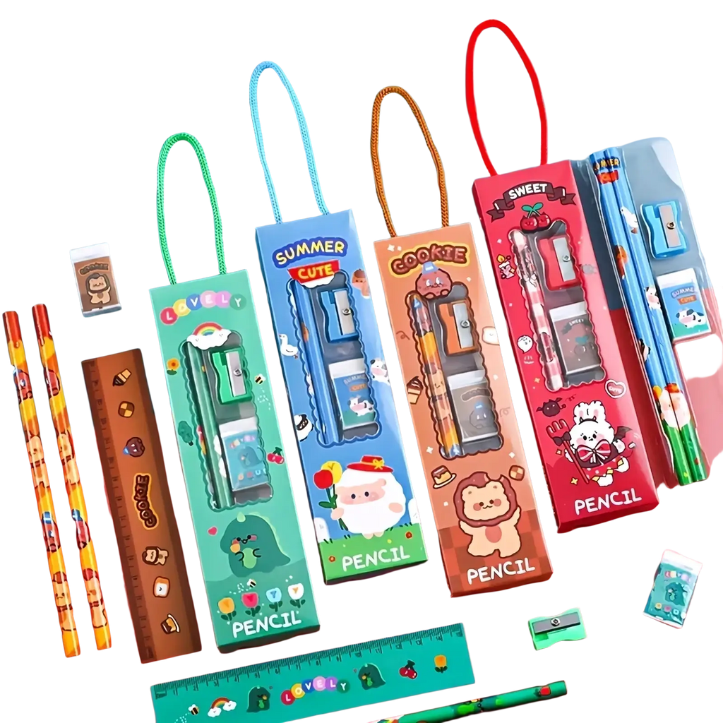Cartoon pencil case and stationery set featuring cute vibrant pencil cases with matching pencils and sharpeners inside