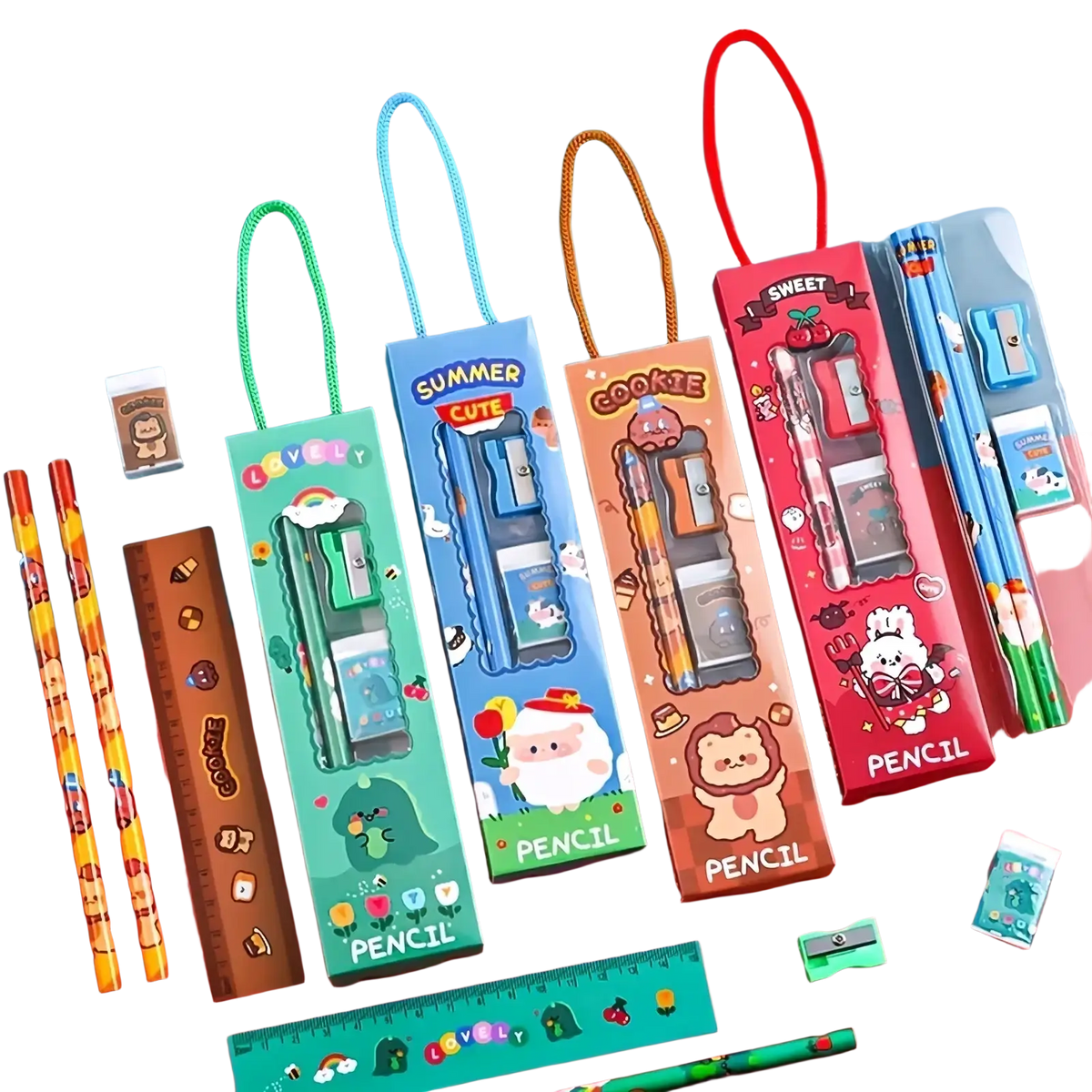 Cartoon pencil case and stationery set featuring cute vibrant pencil cases with matching pencils and sharpeners inside