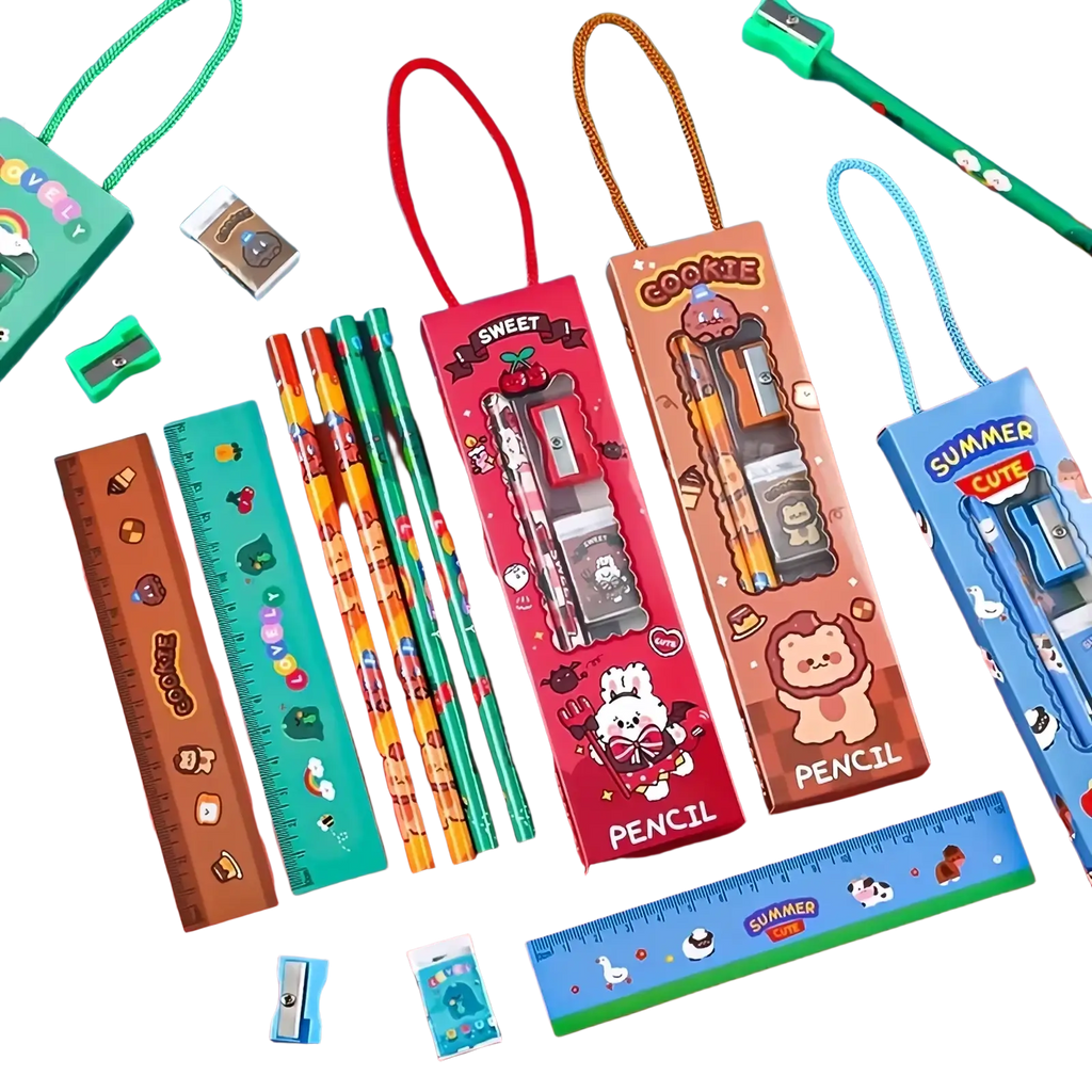 Cartoon pencil case with a red handle featuring colorful character designs for stationery storage and organization