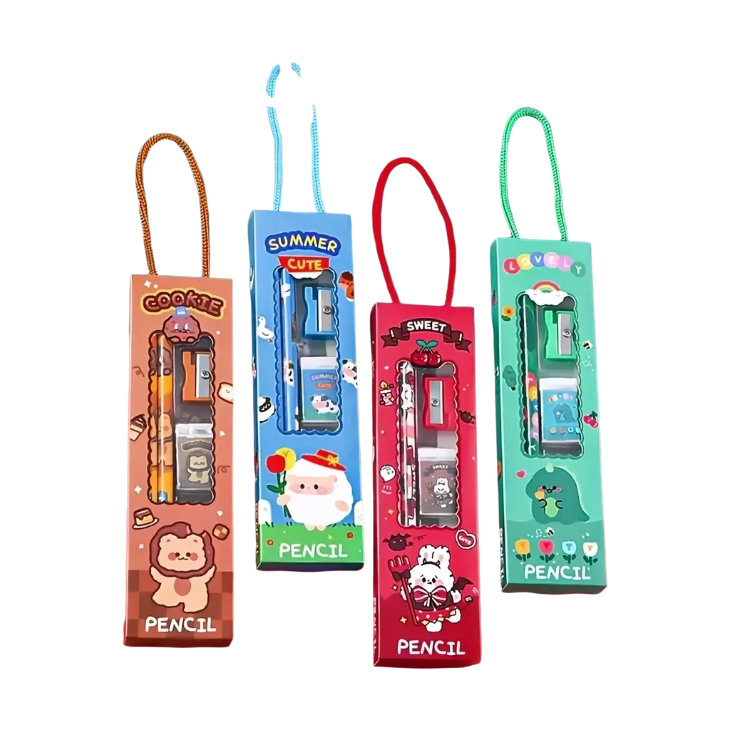 Cartoon pencil case and stationery set with cute colorful packaging containing pencil and sharpener