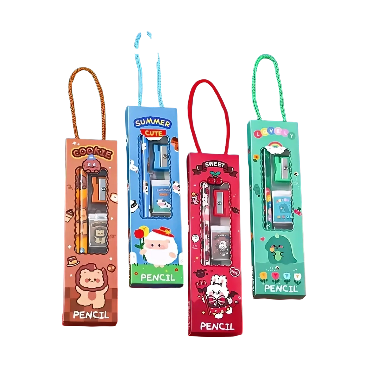 Cartoon pencil case and stationery set with cute colorful packaging containing pencil and sharpener