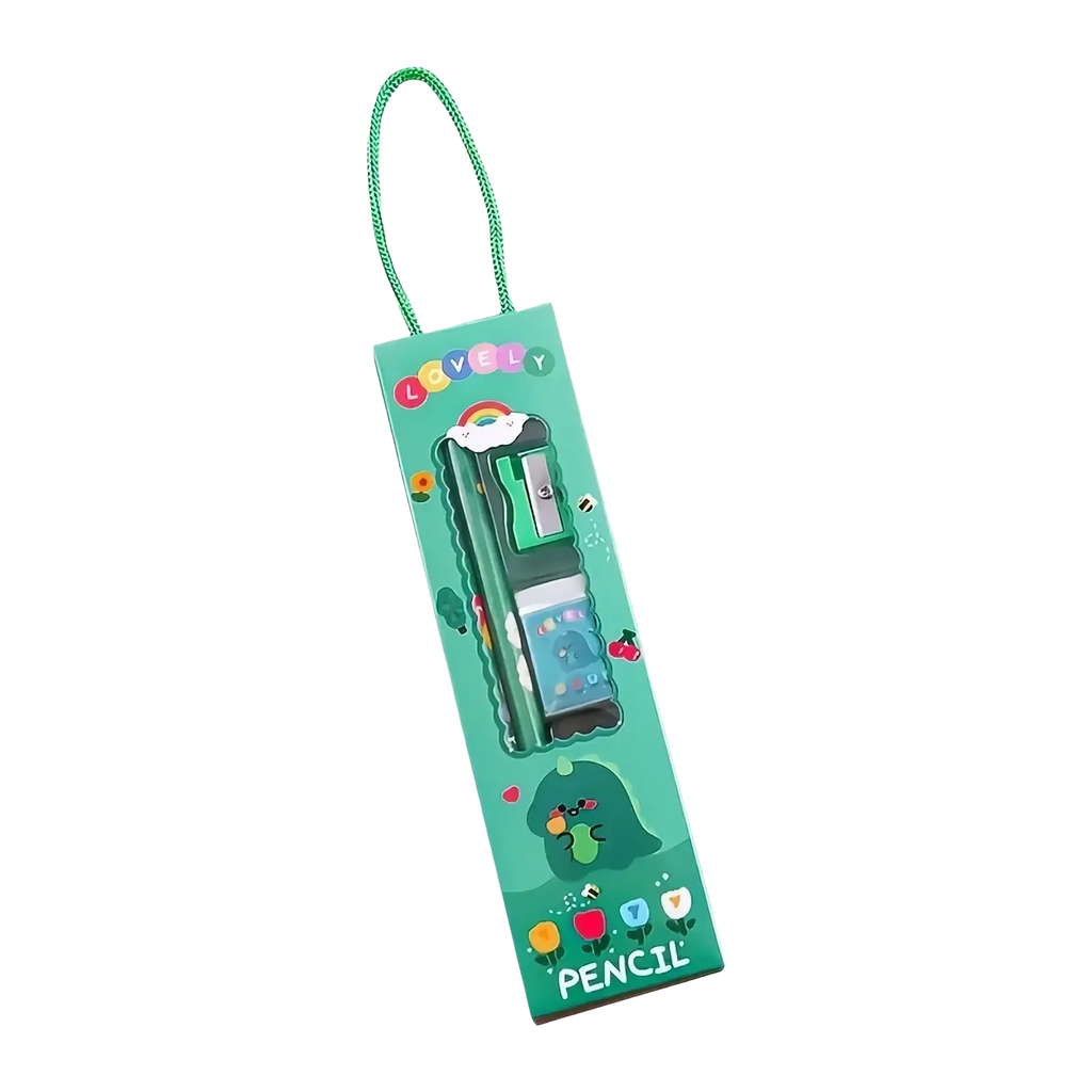 Green cartoon pencil case with built-in sharpener and braided handle for stationery organization and storage
