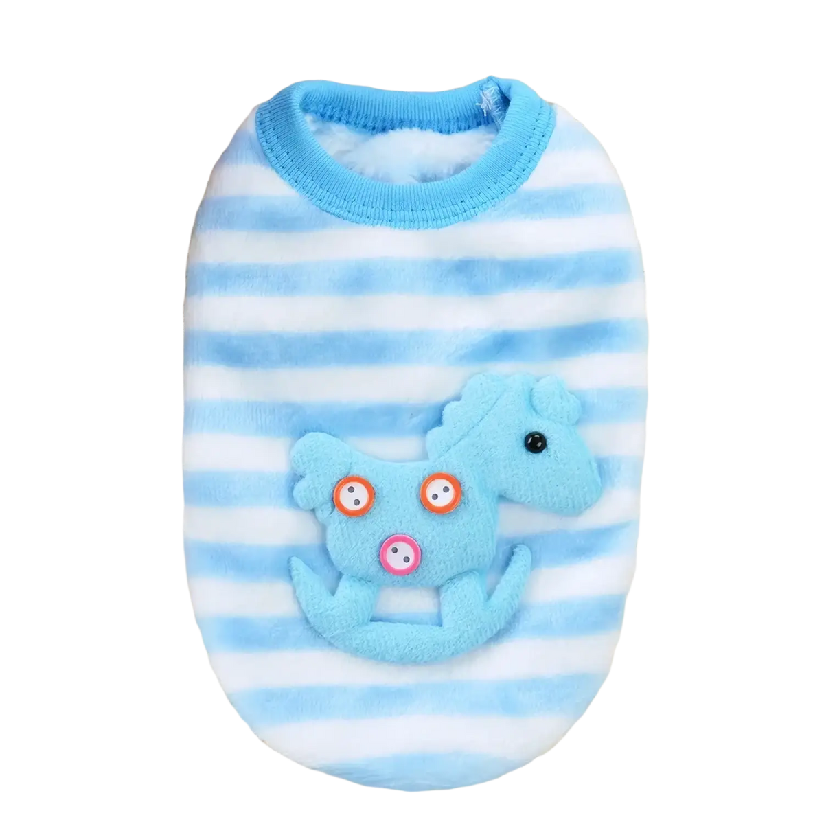 Blue and white striped plush cartoon puppy clothes flannel warm winter coat with light blue seahorse appliqué and button eyes