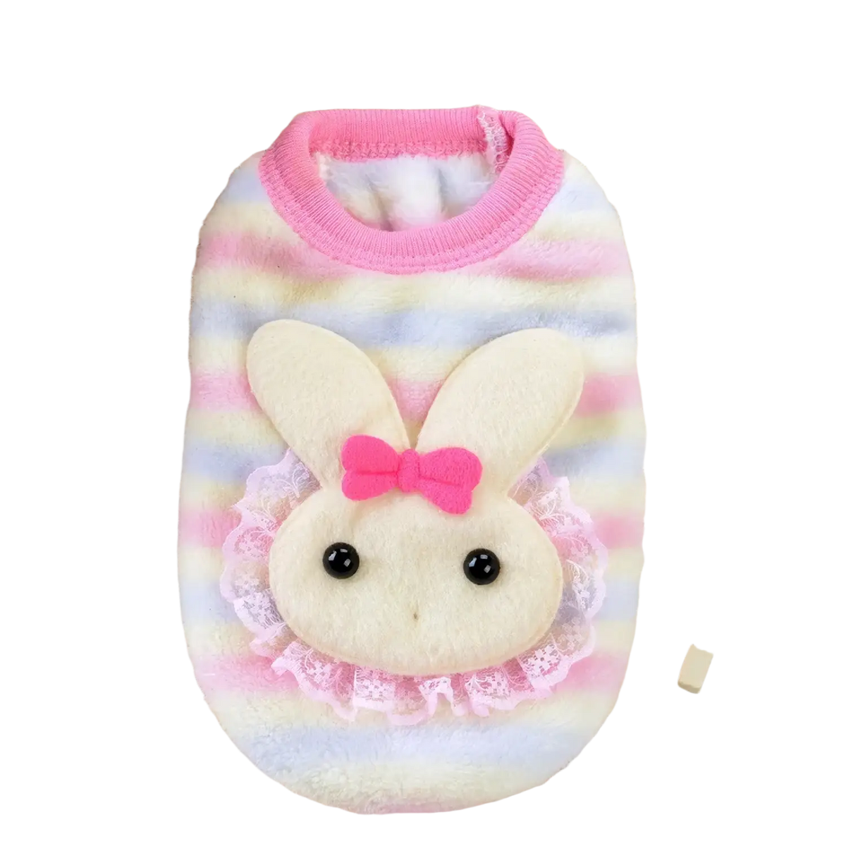 Pastel striped plush rabbit-themed cartoon puppy clothes flannel warm winter coat with pink trim and lace details