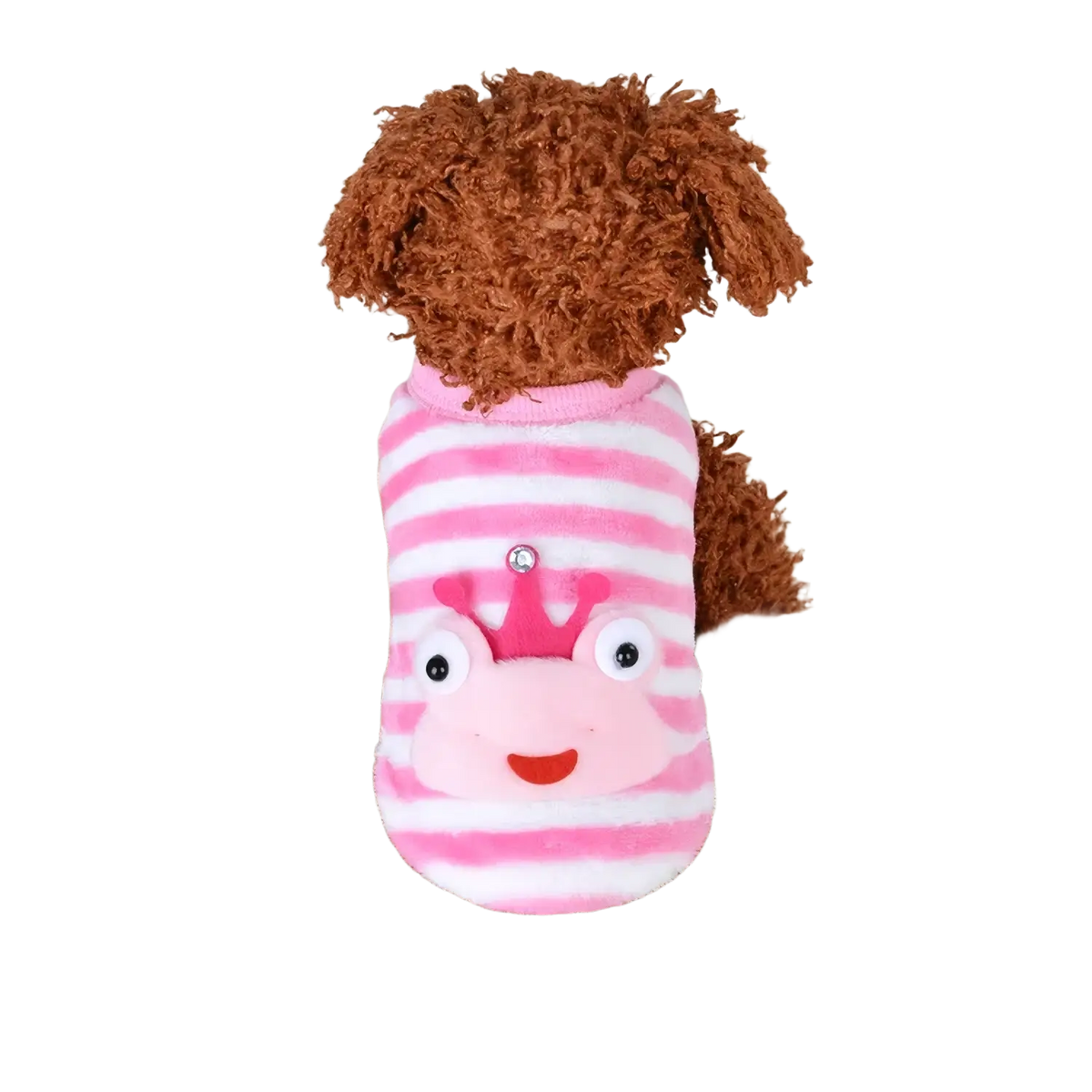 Pink and white striped plush dog shirt with cartoon princess face design in warm clothes flannel for winter puppy clothes flannel