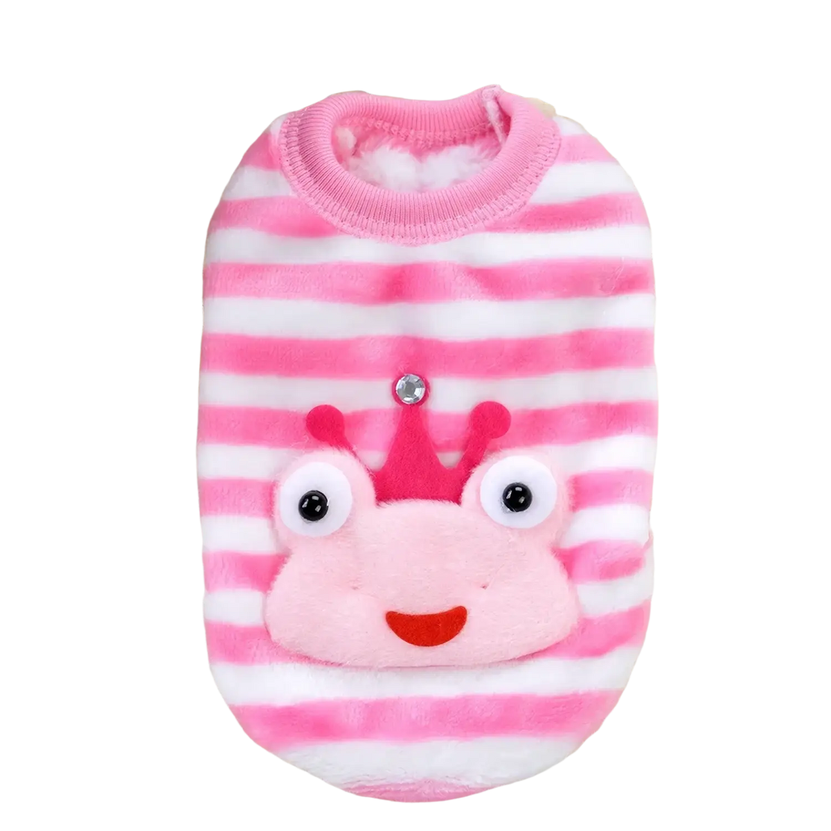 Pink and white striped plush cartoon puppy clothes flannel warm winter coat with a frog face and rhinestone crown