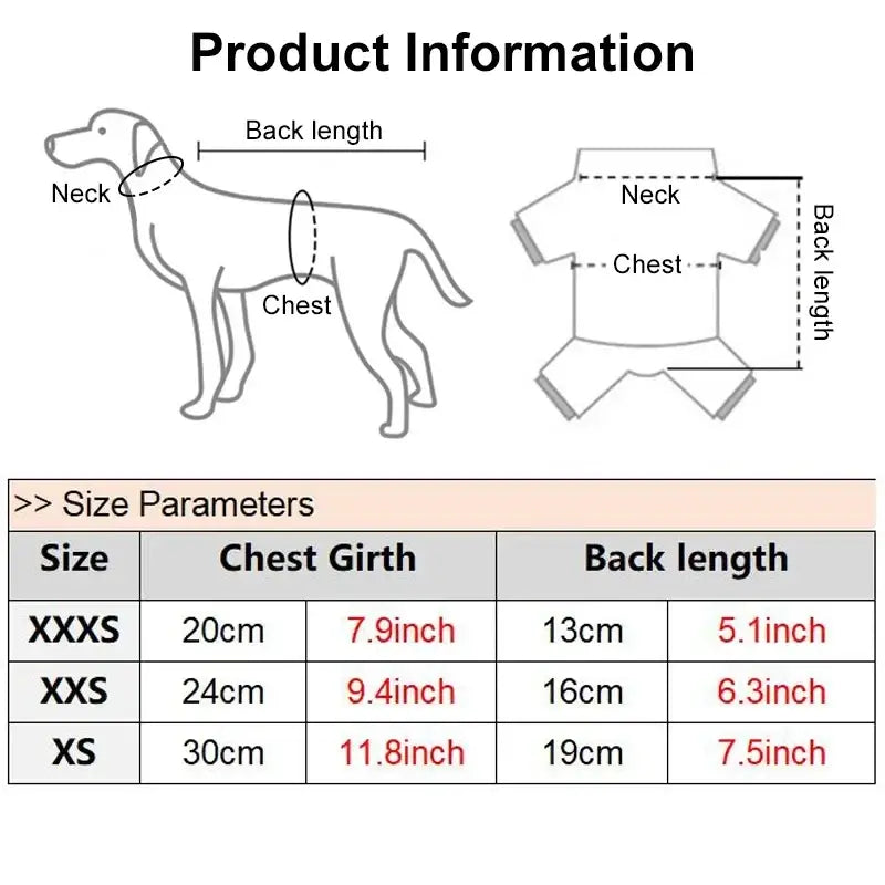 Cartoon puppy clothes flannel warm winter coat in red with chest girth and back length measurements for sizing