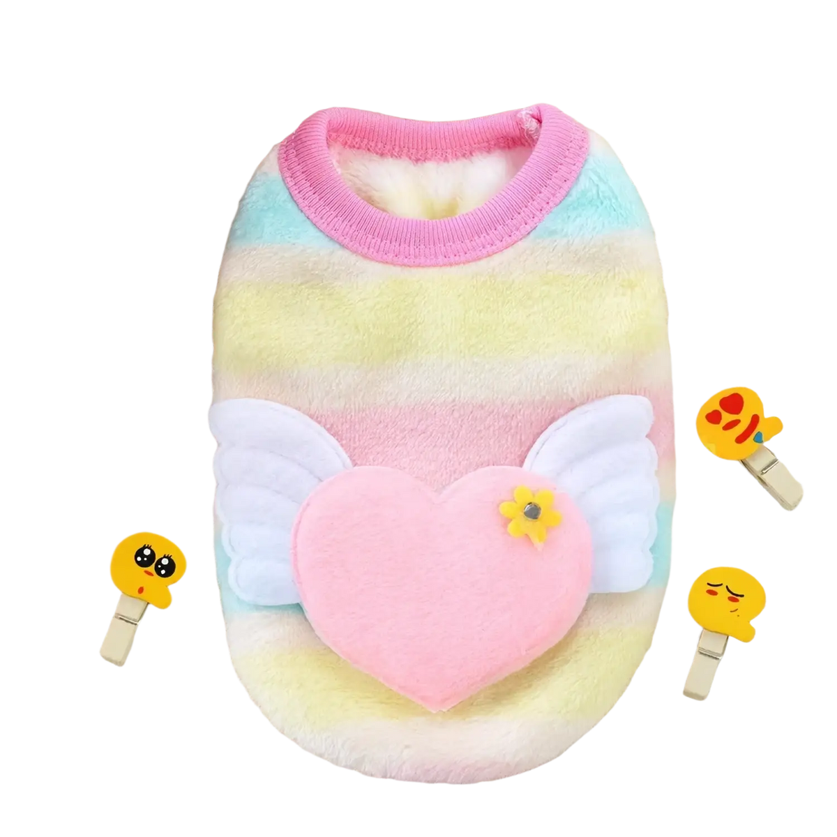 Rainbow-striped fluffy cartoon puppy clothes flannel warm winter coat with pink trim and heart wing flower design