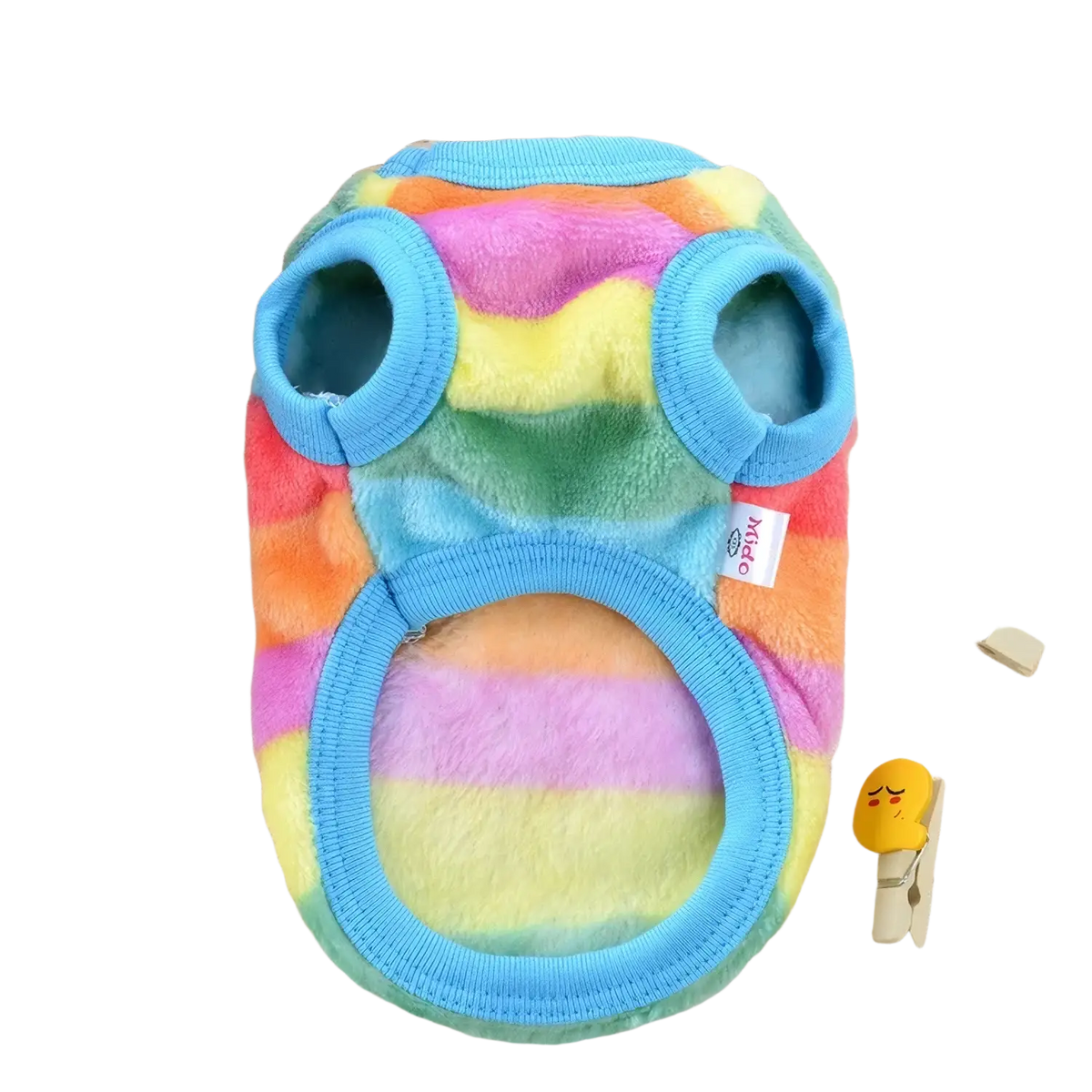 Rainbow-striped plush cartoon puppy clothes flannel vest with blue trim and soft fuzzy texture for warm winter wear