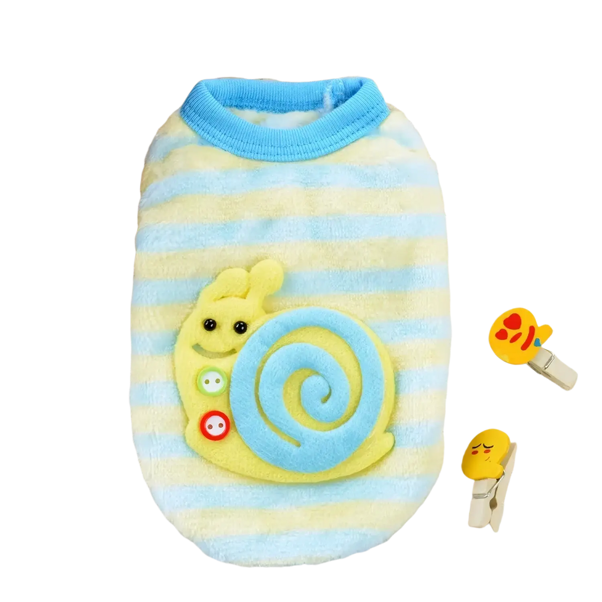 A soft striped yellow and light blue puppy clothes flannel warm sweater with a cheerful snail appliqué