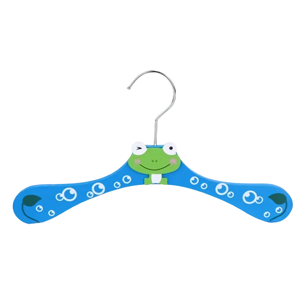 Blue wooden baby clothes hanger featuring a green cartoon frog with white eyes pink cheeks and white bubble decals
