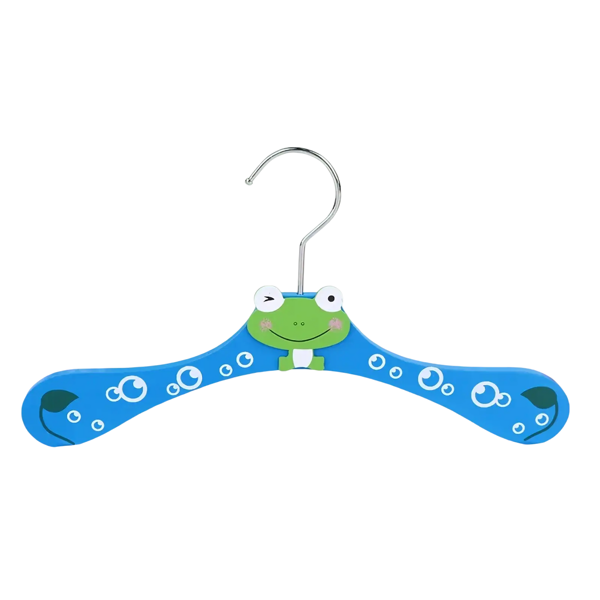 Blue wooden baby clothes hanger featuring a cartoon frog design with white bubbles and green accents