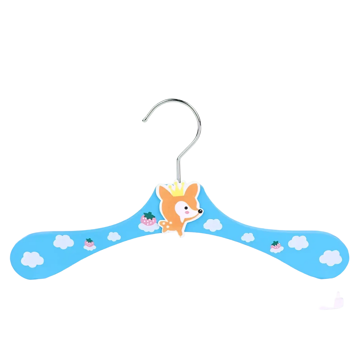 Blue wooden baby clothes hanger with cartoon fox wearing crown and strawberry decals in animal design