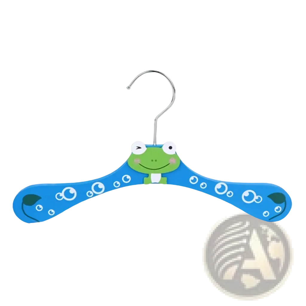 Blue wooden baby clothes hanger featuring a green cartoon frog with white eyes pink cheeks and white bubble decals