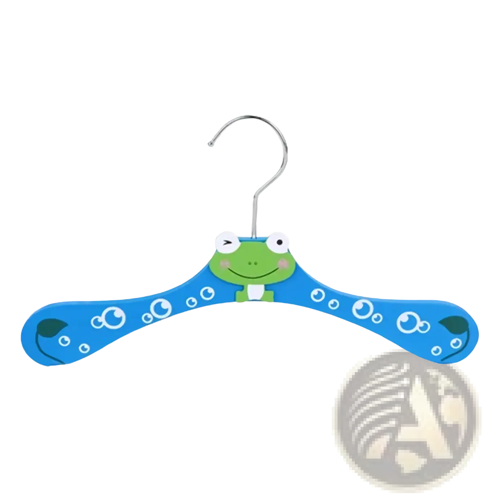 Blue wooden baby clothes hanger featuring a green cartoon frog with white eyes pink cheeks and white bubble decals
