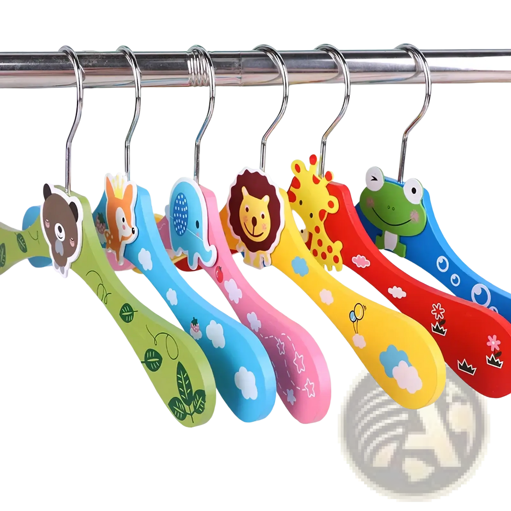 Colorful wooden baby clothes hangers with cartoon animal designs including bear deer elephant lion giraffe and frog