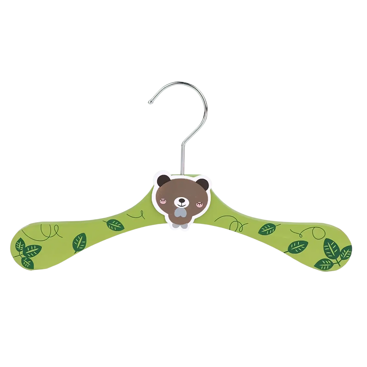 A green wooden cartoon baby clothes hanger with a bear face and leaf patterns featuring a silver metal hook