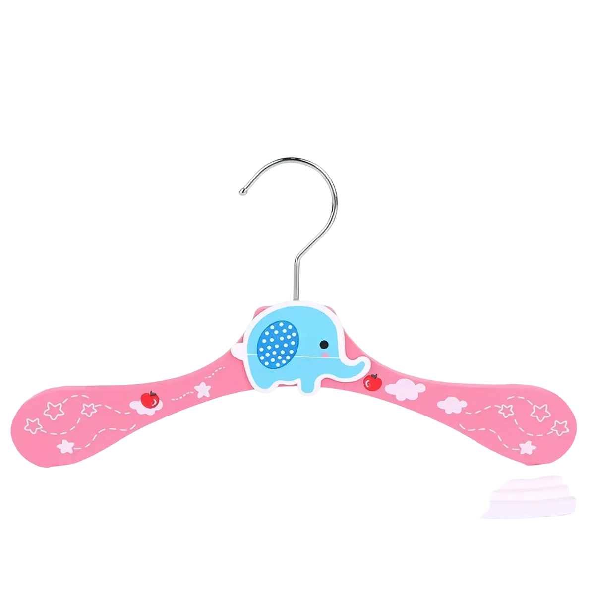 Pink wooden baby clothes hanger with blue elephant design and white star patterns for cartoon animal themes