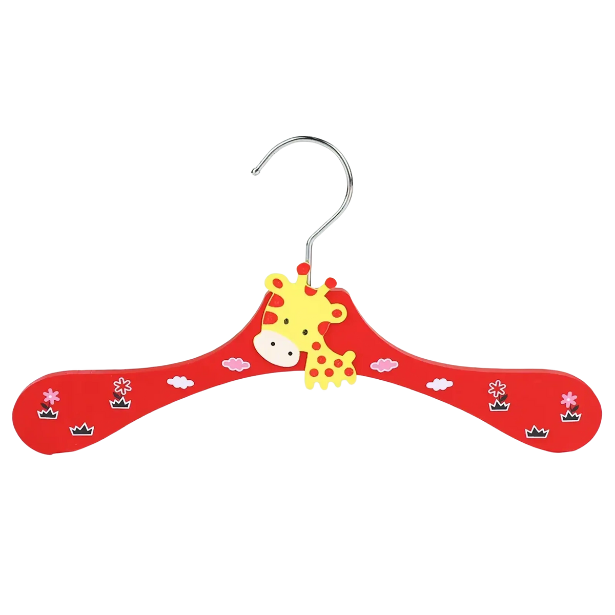 Red wooden cartoon baby clothes hanger featuring a yellow giraffe and pink floral patterns with animal design