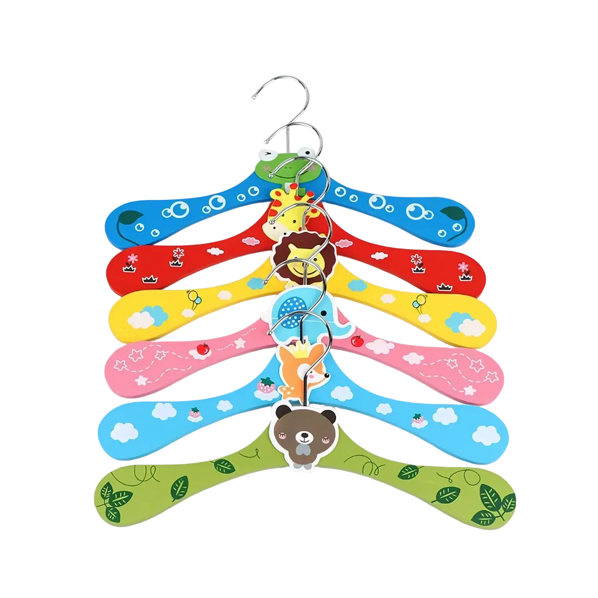 A set of colorful wooden cartoon baby clothes hangers with animal designs in blue red yellow pink and green
