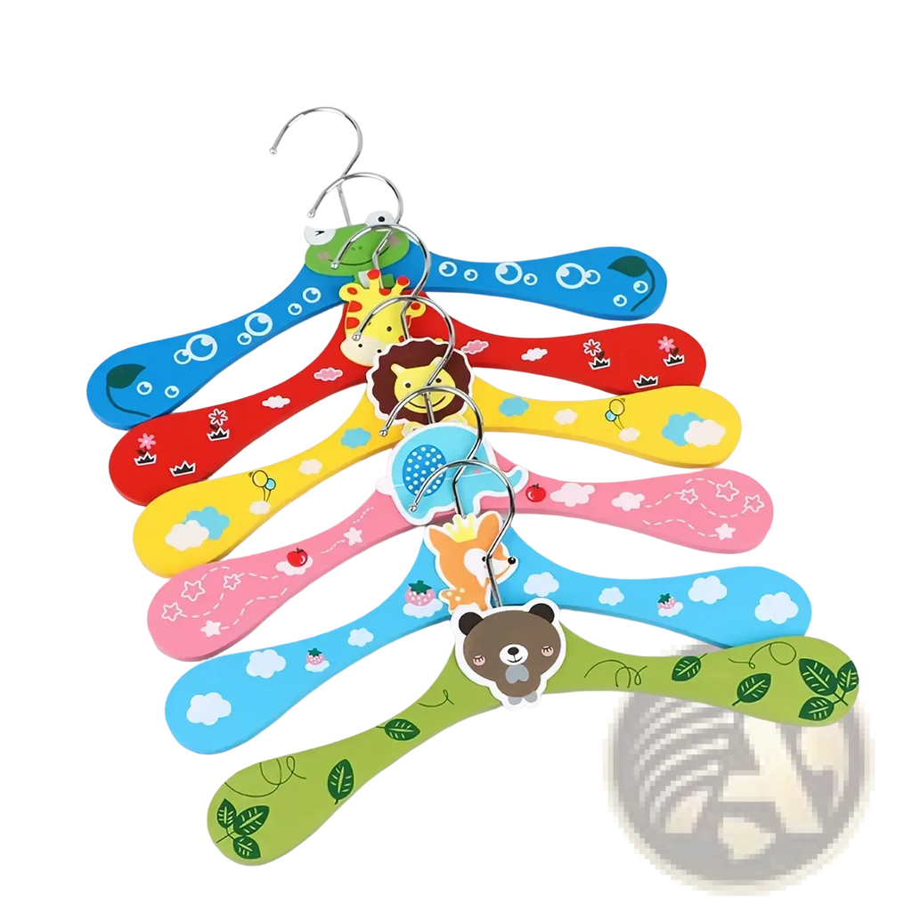 A set of colorful wooden cartoon baby clothes hangers featuring various animal designs in vibrant blue red yellow pink and green