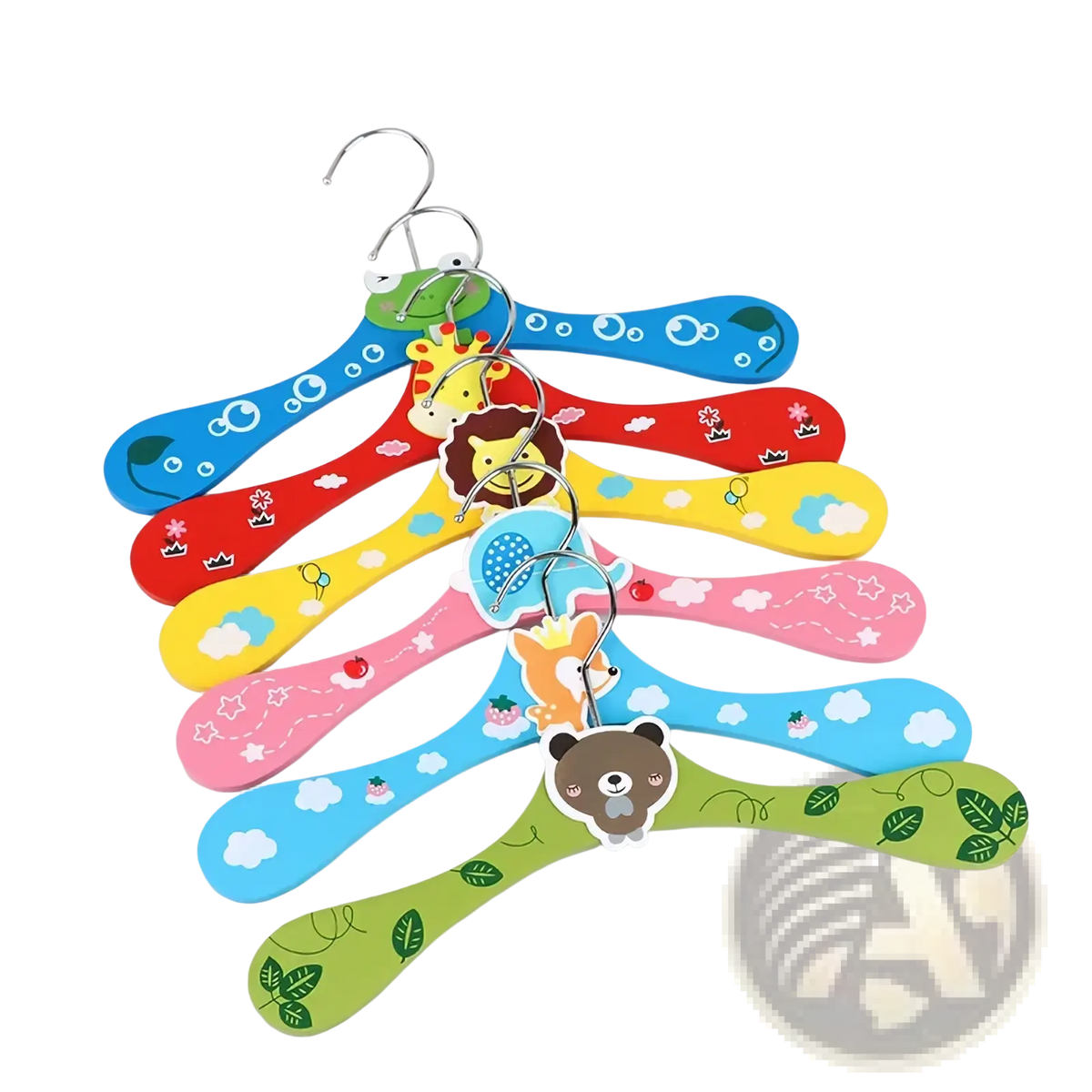 A set of colorful wooden cartoon baby clothes hangers featuring various animal designs in vibrant blue red yellow pink and green