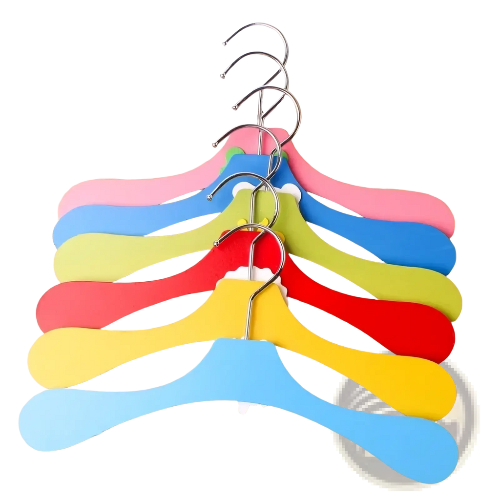 Set of colorful plastic baby clothes hangers with metallic hooks featuring cartoon wooden animal designs