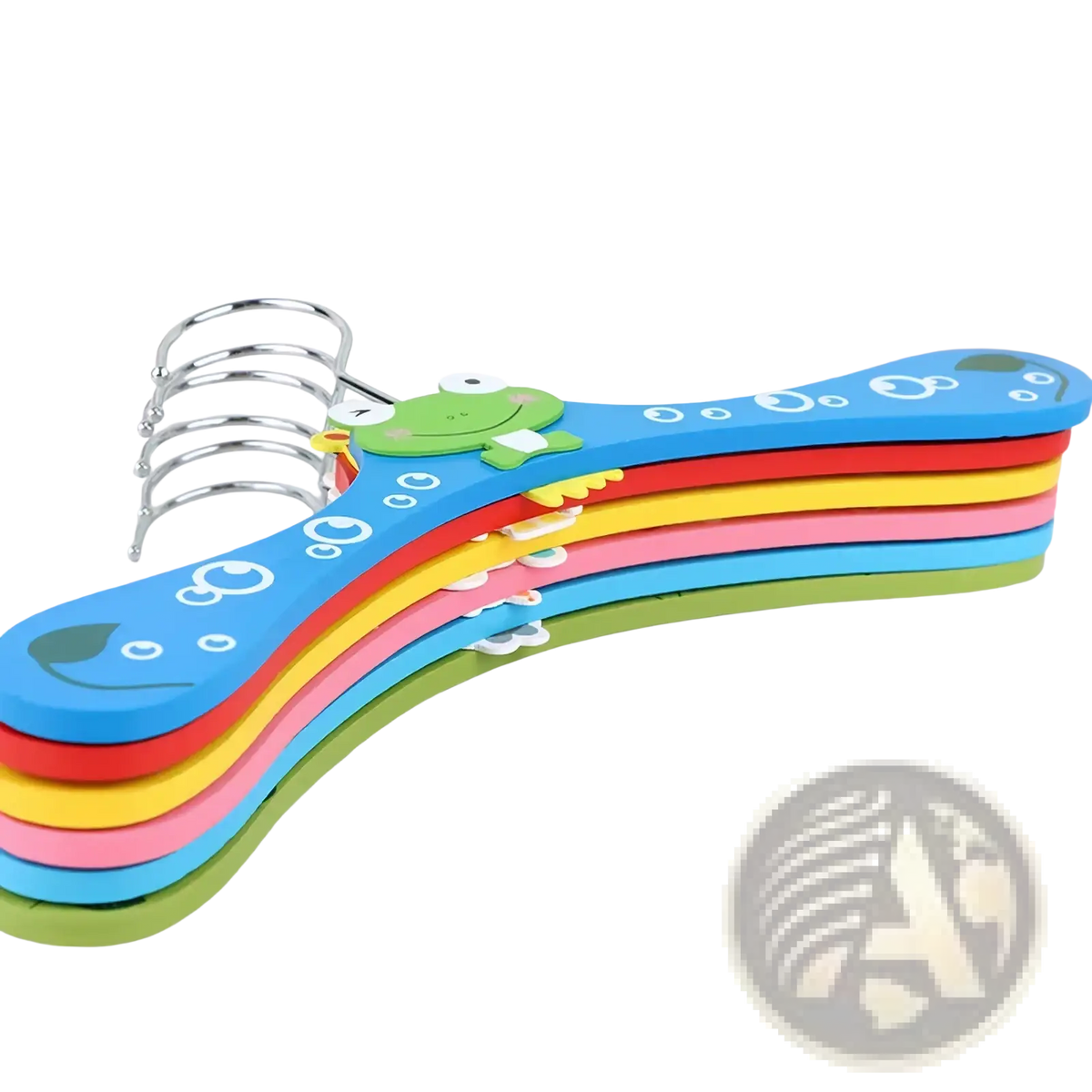 Set of colorful foam baby clothes hangers with cartoon frog and bubble designs for cartoon wooden animal-themed use