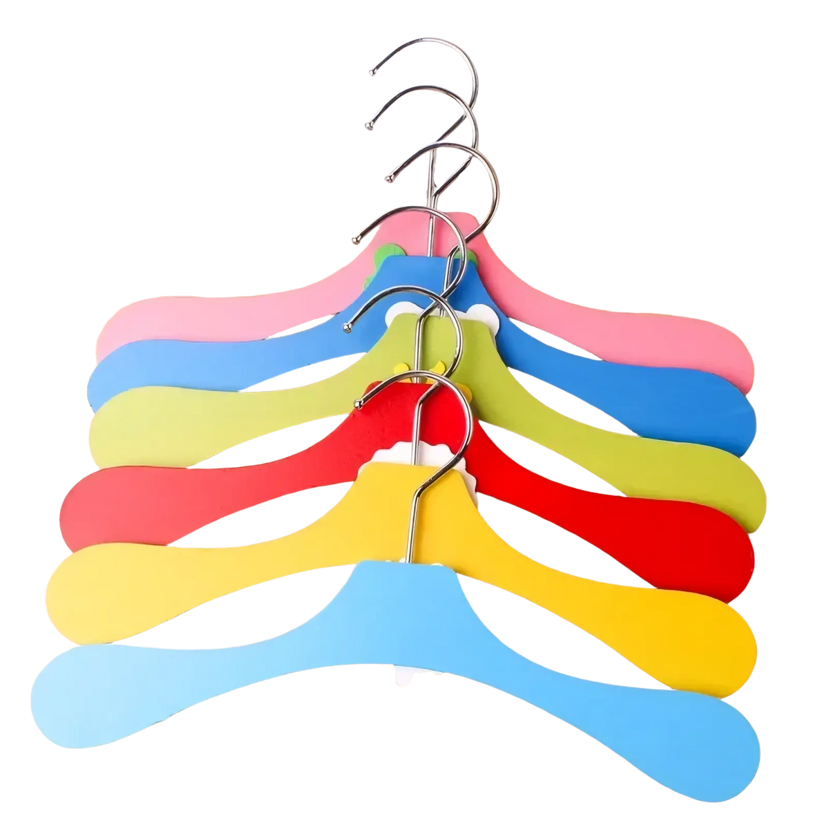 Set of colorful plastic baby clothes hangers with metallic hooks featuring cartoon wooden animal designs