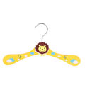 Yellow wooden baby clothes hanger with smiling lion face and cloud designs featuring cartoon animal design