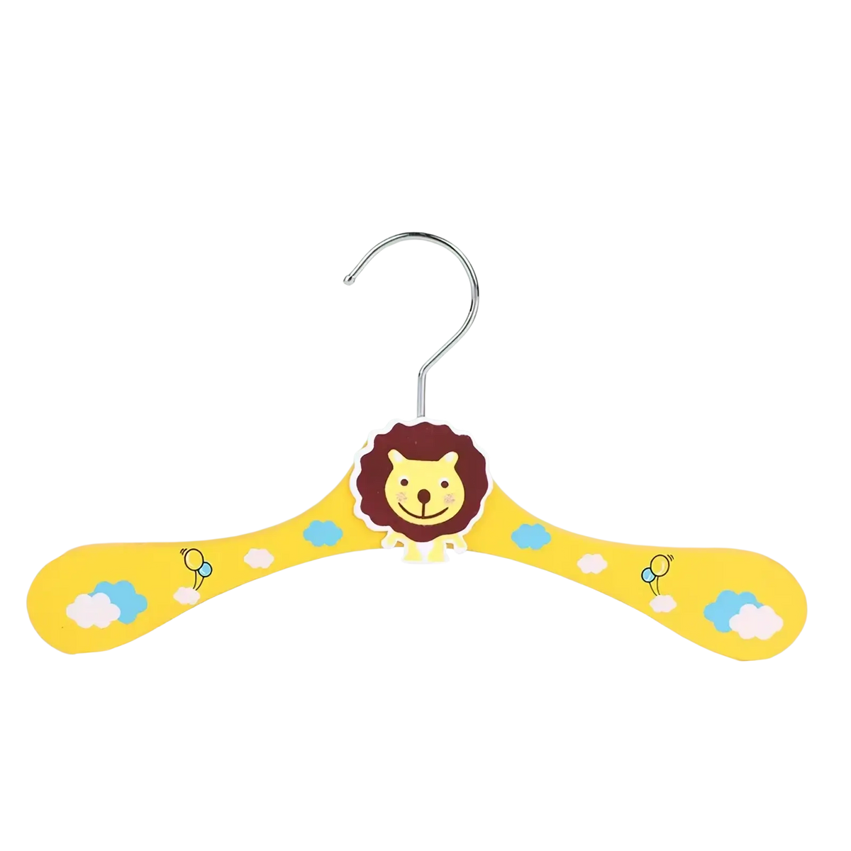 Yellow wooden baby clothes hanger with smiling lion face and cloud designs featuring cartoon animal design