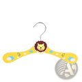 Yellow wooden baby clothes hanger with smiling lion face and cloud designs featuring cartoon animal design