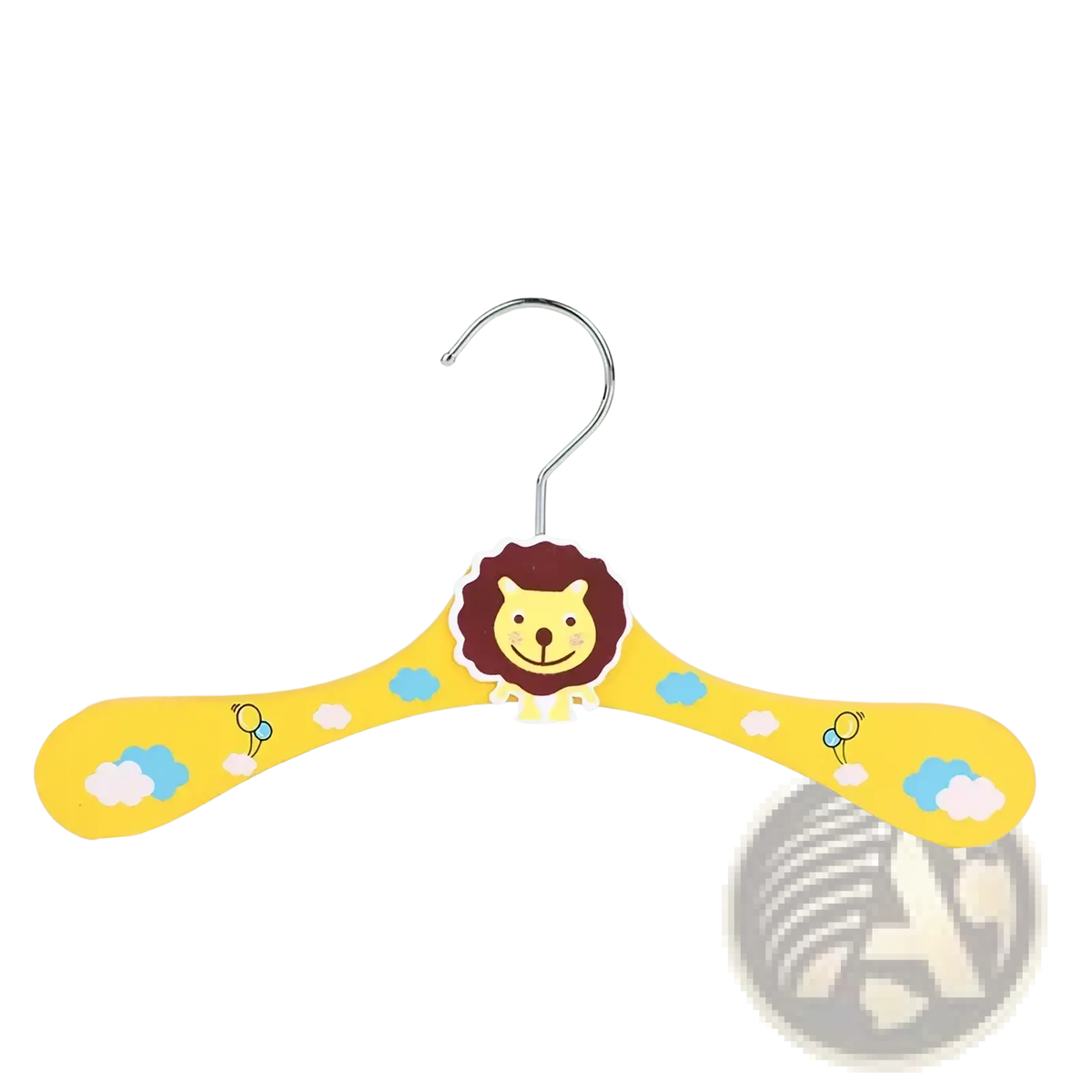 Yellow wooden baby clothes hanger with smiling lion face and cloud designs featuring cartoon animal design