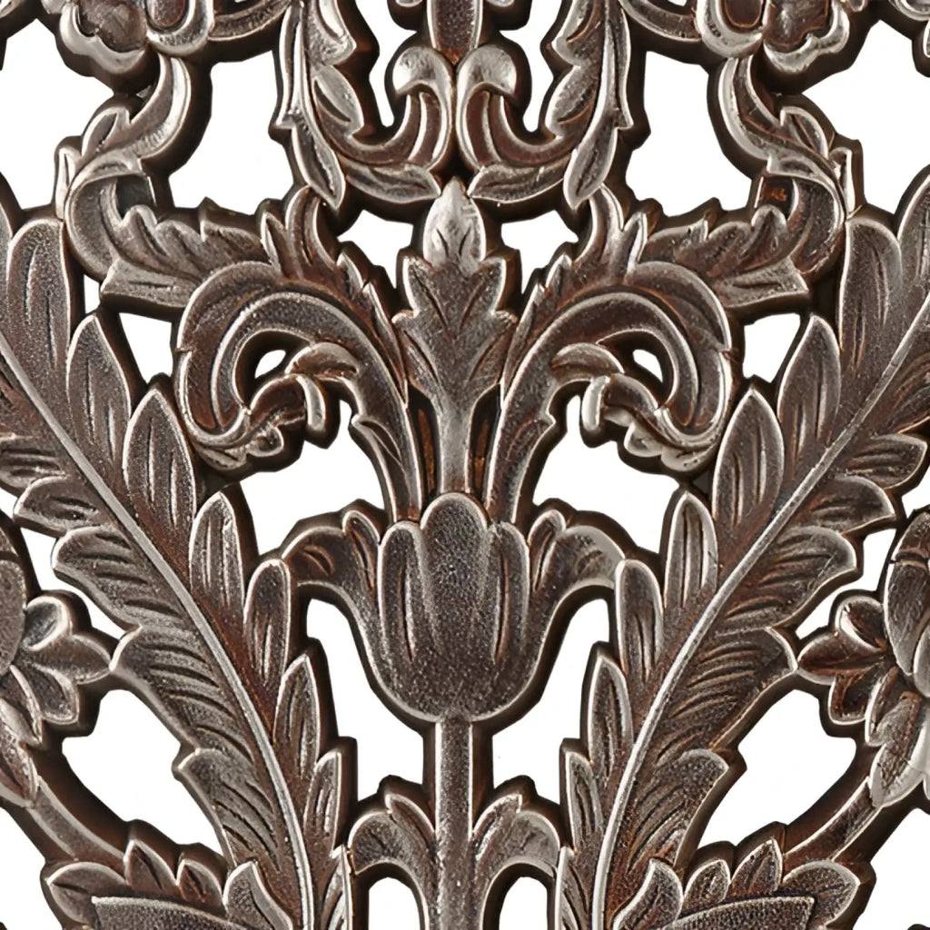 Antique bronze-colored metal decorative tray with intricate floral and leaf patterns in carved wood wall decor set