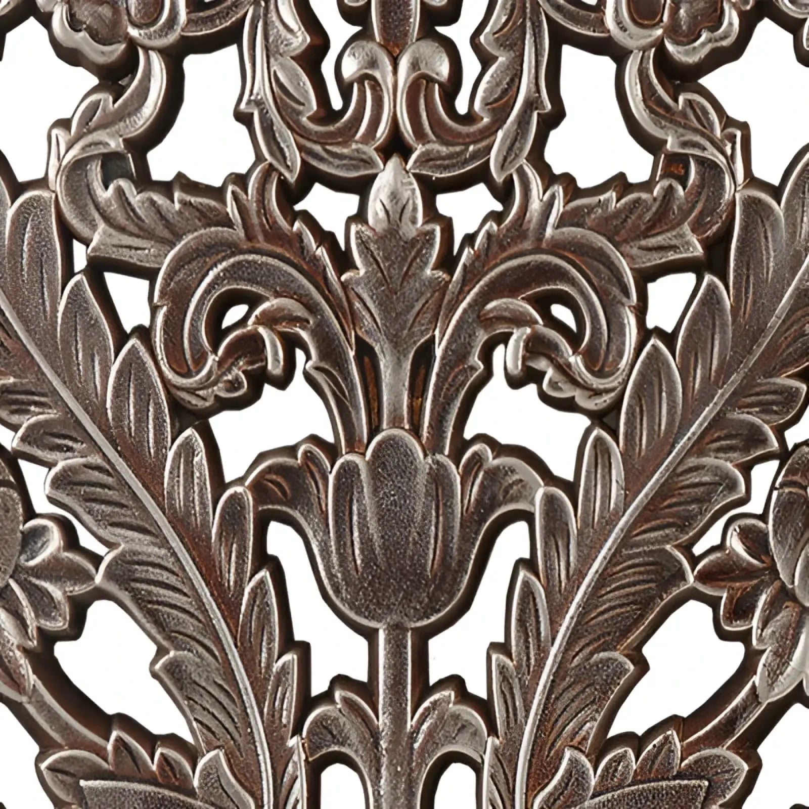Antique bronze-colored metal decorative tray with intricate floral and leaf patterns in carved wood wall decor set