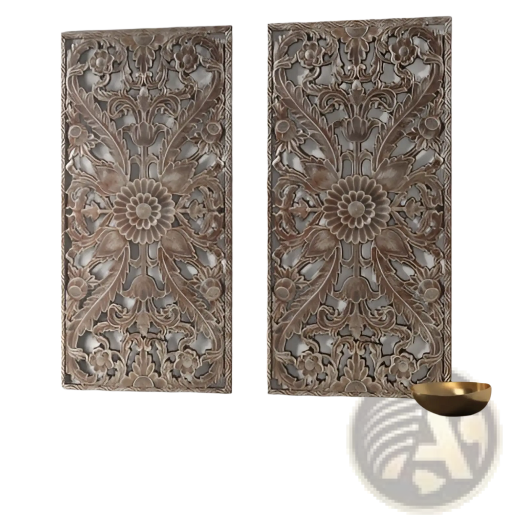 Pair of ornate metallic wall art panels with intricate floral carvings in brushed silver finish for wall decor