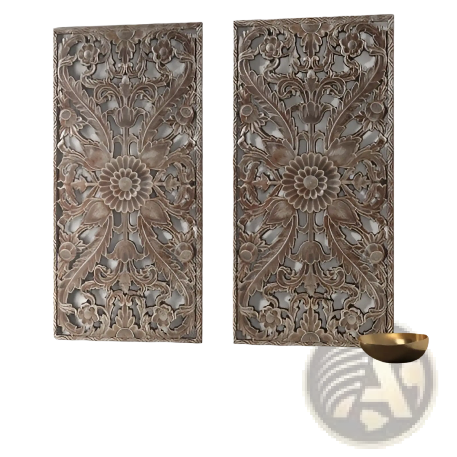 Pair of ornate metallic wall art panels with intricate floral carvings in brushed silver finish for wall decor