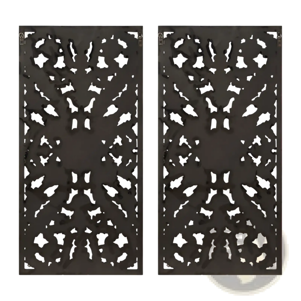 Black metal decorative panels featuring intricate symmetrical cut-out patterns for carved wood wall decor set